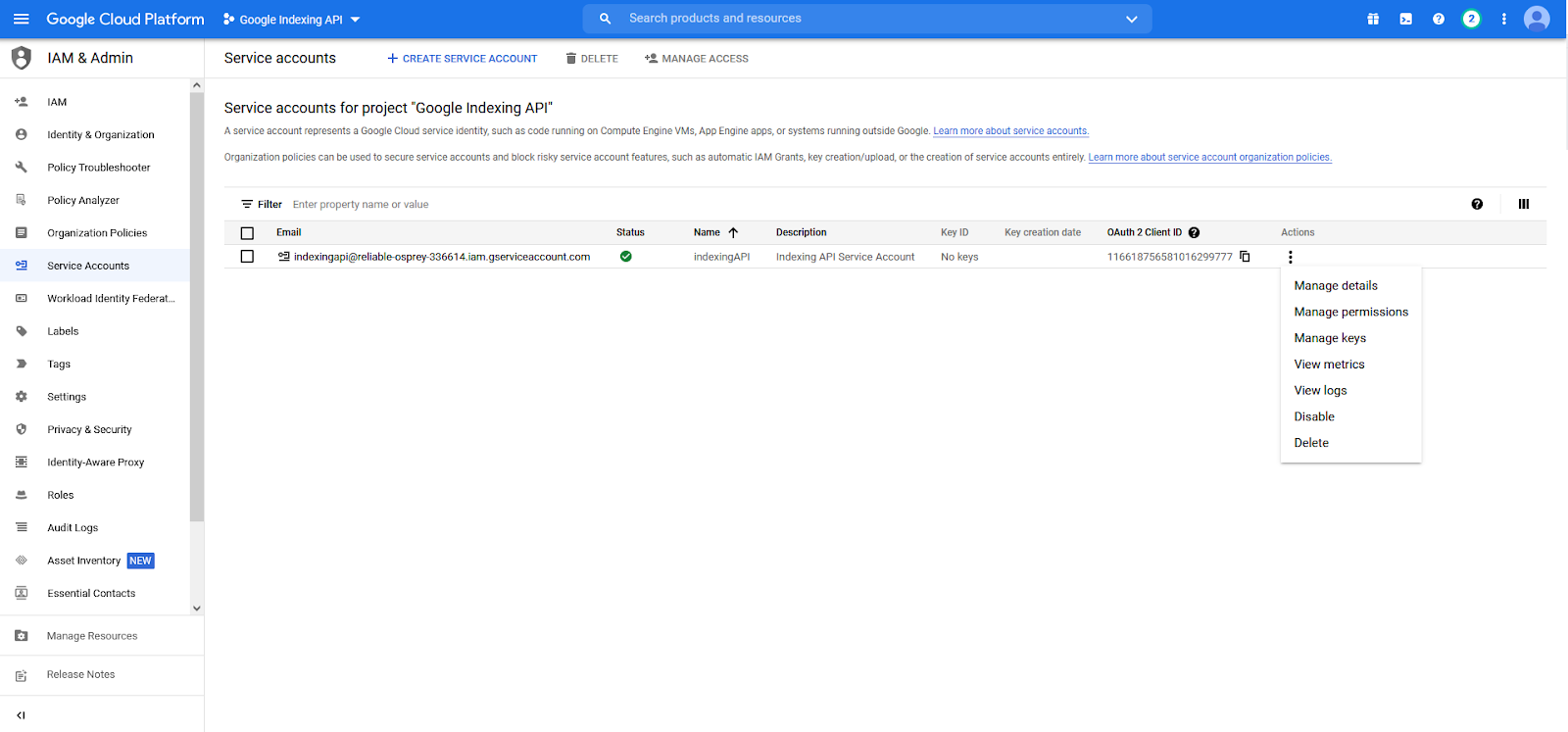 Google Indexing API create a private key fpr your service account